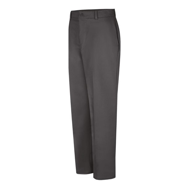 Gray work pants in profile with half pleated legs.